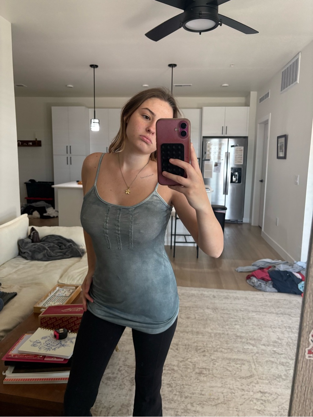 Monoreno Washed Slate Tank Top with Pintuck Detail
